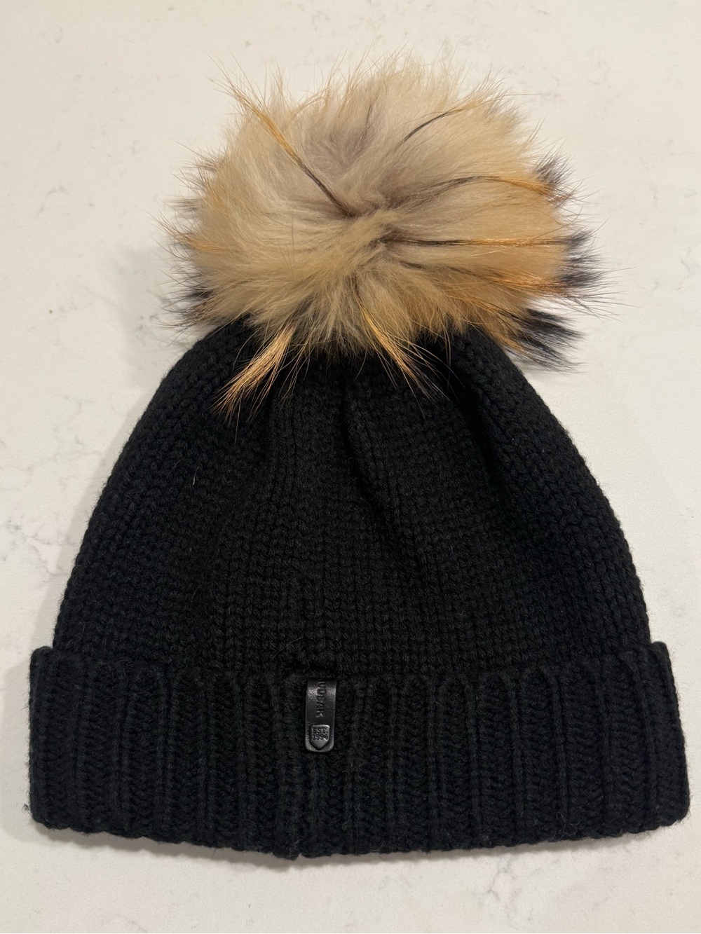 RUDSAK Black Knit Beanie with Real Fur Pom